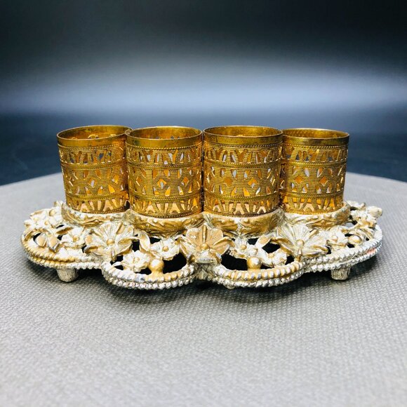 Vintage SAM FINK Ormolu Filigree Lipstick Holder Tray Hollywood Regency Vanity - Picture 2 of 14